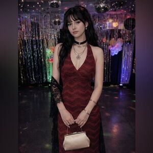 Vintage Large Red Halter Dress Lace Babydoll Y2K Whimsigoth Vamp Witch Sexy Prom